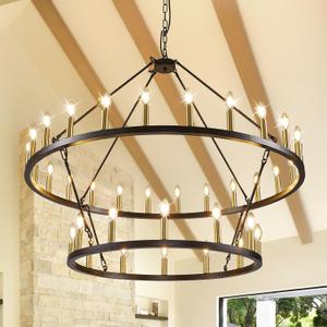 WJShome 36-Lights 2 Tier Wagon Wheel Chandelier, 47 Inch Large Chandeliers for High Ceilings, Farmhouse Dining Room Light Fixture, Black and Gold Round Chandeliers, for Foyer Staircase Entryway