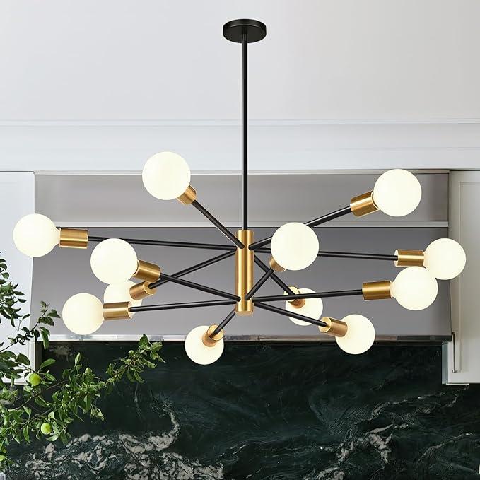 33" Modern Chandelier Ceiling Light Fixture, 12Light Sputnik Chandeliers Brushed Gold and Black Mid Century Chandelier Over Table, Height Adjustable Chandeliers for Dining Room Living Room Kitchen