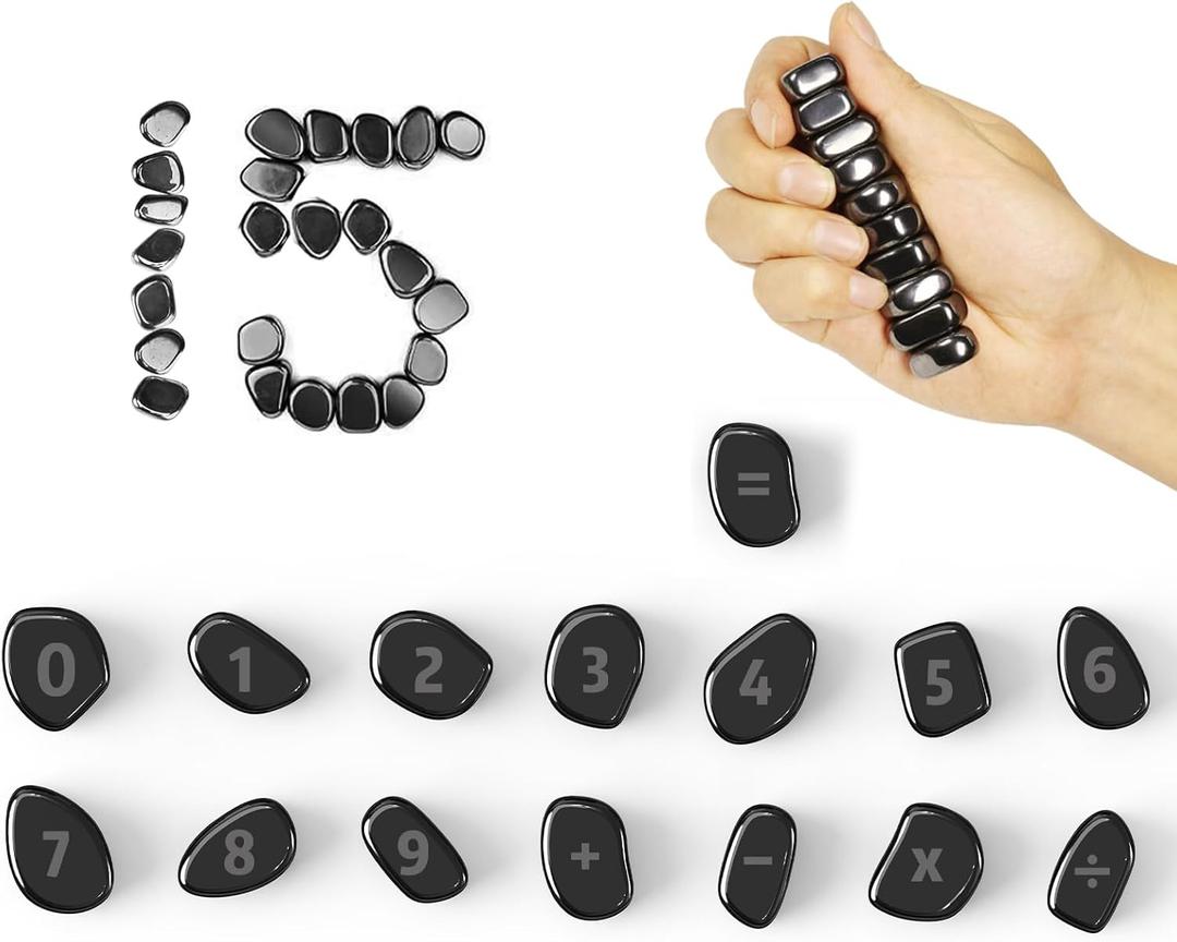 15 PCS Ferrite Stones Engraved Numbers & Symbols, Caturledas Laser Carving Magnetic Fidget Toys for Office Stress Anxiety Relief, Desk Magnet Toys for Men Women Adults Gifts, 20 mm, Black