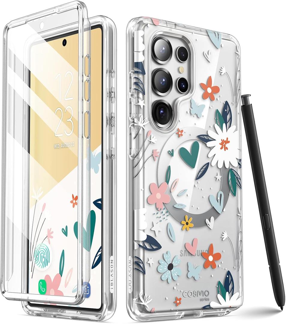 i-Blason for Samsung Galaxy S25 Ultra Case MagSafe with Built-in Screen Protector [Support Fingerprint ID & Wireless Charger] Full-Body Slim Style Magnetic Phone Case for S25 Ultra, Flower