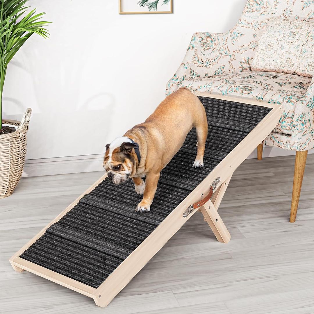 Dog Ramp for Couch, Wooden Pet Ramps 39.37" Long Adjustable 11"-20.47" Folding Puppy Ramps with High Traction Mat, Dog Stairs for Small & Medium Older Dogs & Cats, up to 150lbs (39.37"L x 15.74"W x 2"H)