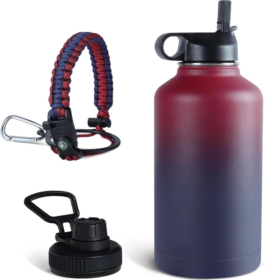 Oceania Flask 64oz Stainless Steel Water Bottles | Modern, Leakproof, Hydro BPA-Free, Insulated Water Bottle with 3 Lids, 3 Straws & 2 Straw Cleaning Brushes | Simple Camping & Hiking Water Bottle