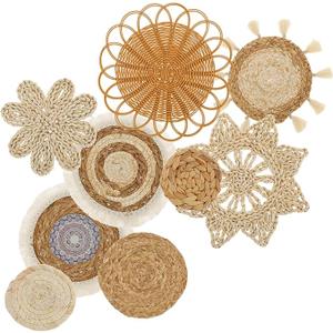 9 Pcs Boho Wall Basket Decor, Rattan Wicker Boho Wall Decor, Hanging Woven Basket Wall Decor, Round Handmade Wall Art for Living Room Bedroom Display Table Settings Home Christmas Decoration (Wood)
