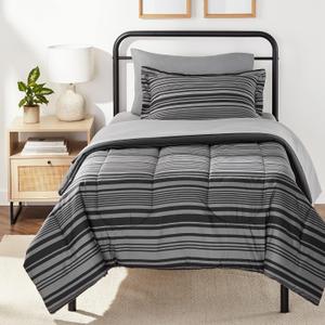 Amazon Basics 5-Piece Lightweight Microfiber Comforter Set with Sheets ,Bed-in-a-Bag Sheets, Gray Calvin Striped Bedding, Twin/Twin, XL