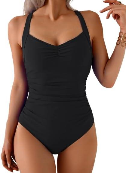 B2prity One Piece Swimsuit for Women Tummy Control Slimming Bathing Suit Push Up Ruched Swim Suit Criss Cross Swimwear, L
