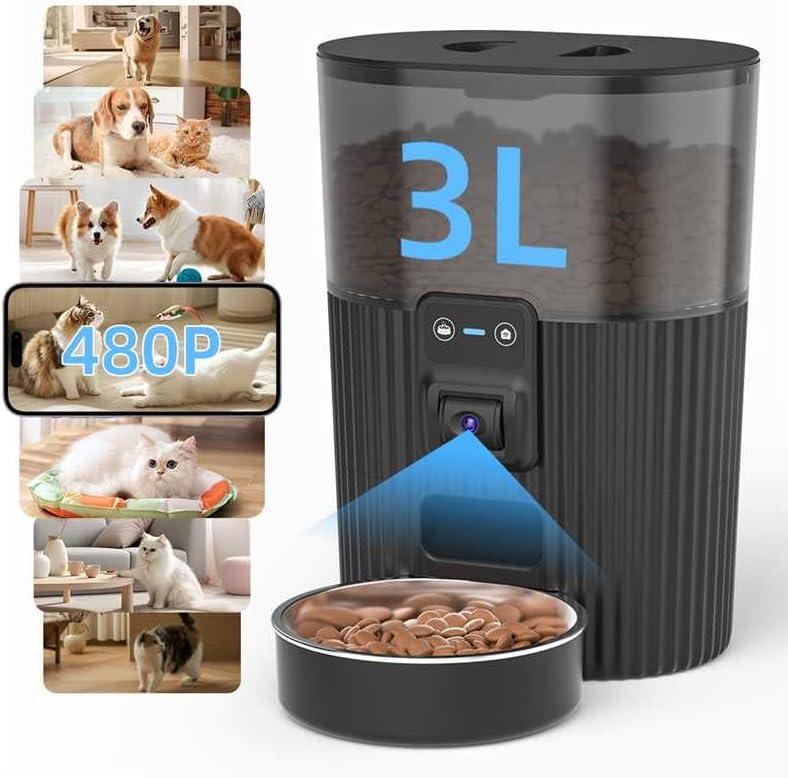 PAPIFEED Automatic Cat Feeder with Camera, Adjustable Angle 2.4G WiFi Pet Feeder 3.5L/15 Cup Timed Dispenser,Timed Feeder for Remote Feeding with Stainless Steel Bowl up to 10 Meals Per Day with APP (Black-Video)