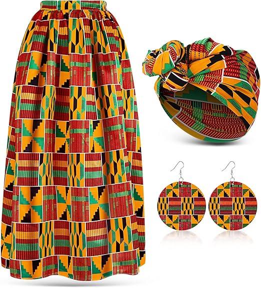 Haysandy 3 Pcs Women African Printed Maxi Skirt with Pockets Set Casual Stretch Head Wrap Scarf Drop Dangle Earrings (Classic Style,Large)