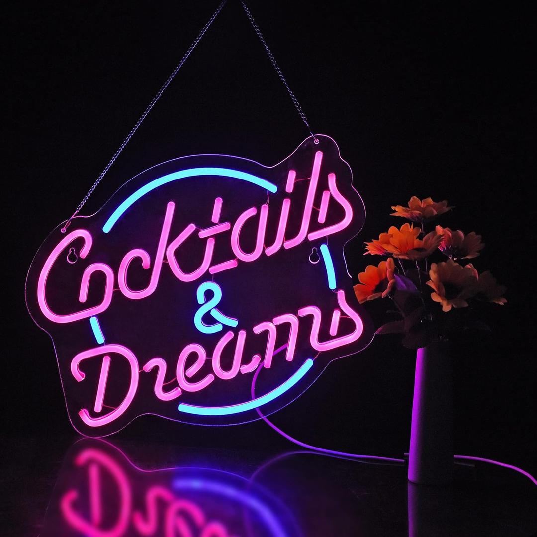 Cocktails and Dreams Neon Sign for Wall Decor Neon Signs with Dimmable Switch LED Neon Signs Bedroom Beer Bar Neon Light Sign Hotel Party Club Office Art Lights (pink+blue)