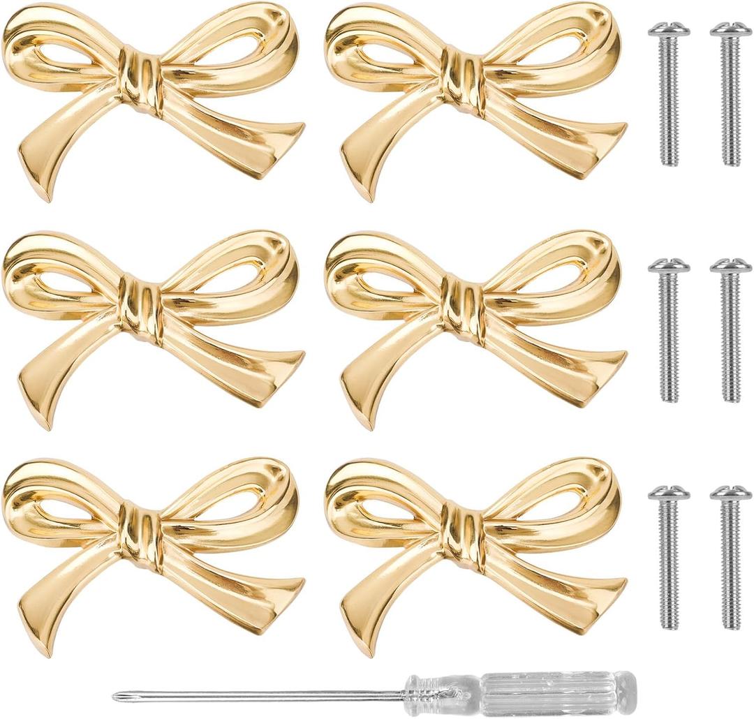 6pcs Bow Shape Cabinets Knobs, Gold Bow Furniture Door Pulls with Screwdriver Brass Vintage Drawer Knobs Decorative Dresser Handle for Home Kitchen Cupboard Wardrobe Hardware