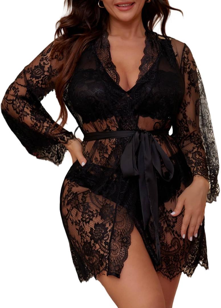 FANCMISTERY Plus Size Lingerie for Curvy Women 3 Piece Sleepwear with Lace Kimono Sexy Robe Lingerie Sets for Women (US, Alpha, X-Large, Regular, Regular, black)