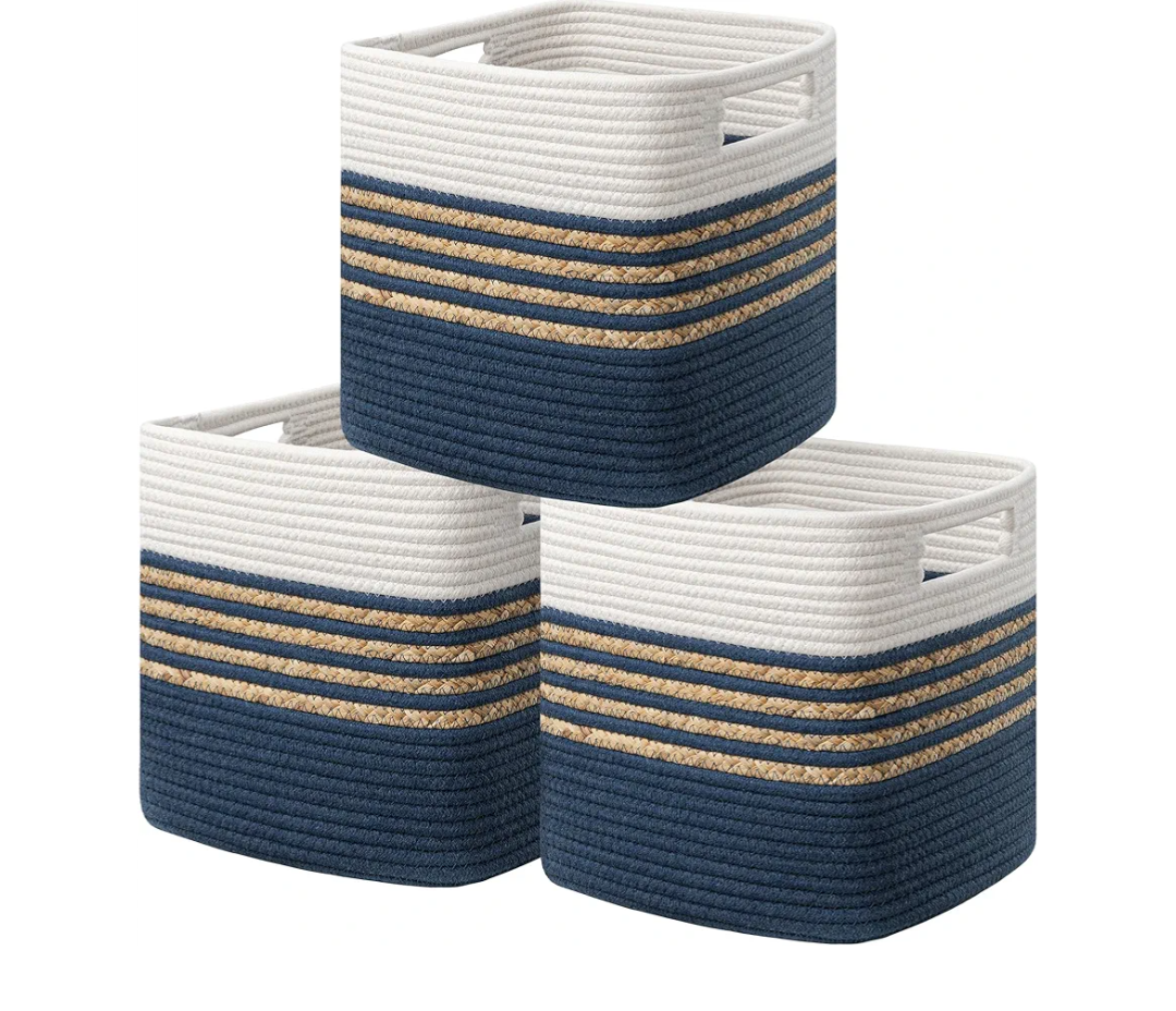UBBCARE Set of 3 Storage Cubes 11 X 10.5 X 10.5 in, Water Hyacinth Storage Bins for shelves, Toys, Book, Storage Baskets with Handles, Cotton Rope Woven Baskets for Organizing, Navy Blue