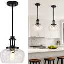 Modern Pendant Lights Kitchen Island, Matte Black Pendant Light Fixtures with 10" Clear Hammered Glass Shade, Industrial Hanging Pendant Lights Fixture for Kitchen Island Dining Room Bedroom Entryway