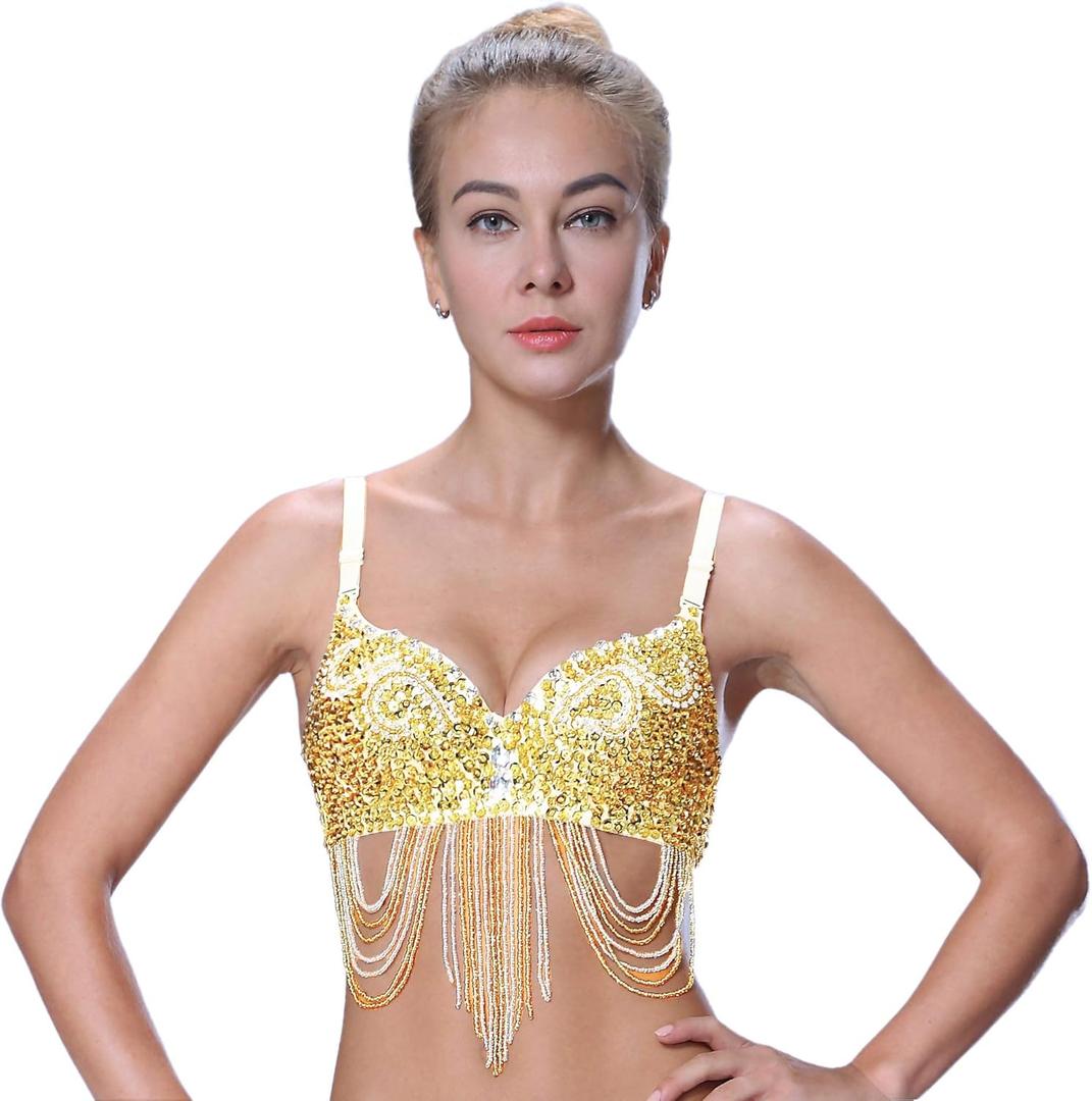 Seawhisper Tribal Glitter Sparkle Rhinestone Belly Dance Beaded Sequined Bra Top for Rave Cabaret Party ((32-34) B, Gold)
