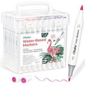 Ohuhu Markers for Adult Coloring Books No Bleeding 60 Colors Water-based Dual Tips Coloring Markers for Kids Adults Beginners Drawing Pens for Journaling Lettering (Brush & Fine)