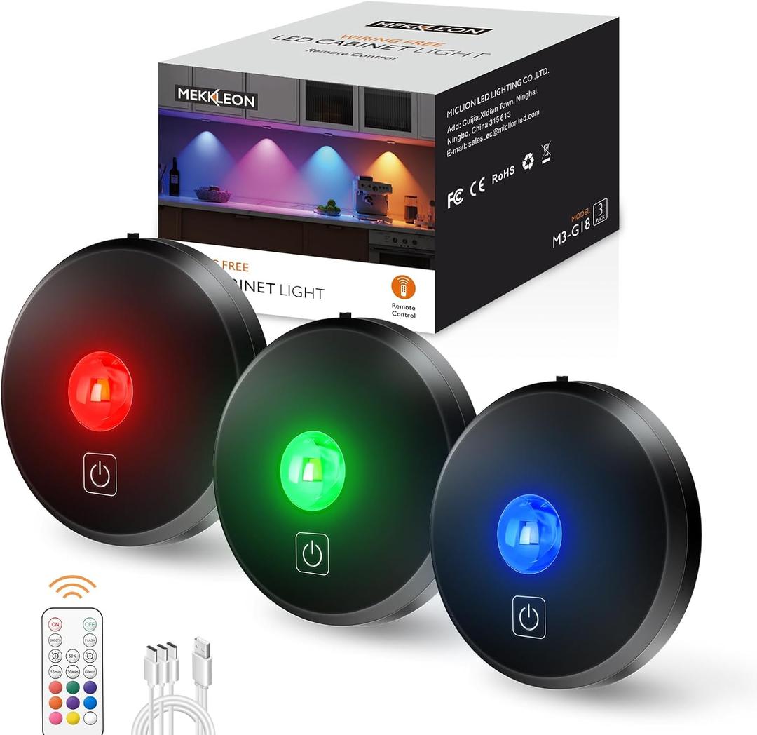 RGB Puck Lights with Remote Control, 2000mAh Rechargeable Stick on Led Lights, 9 Colors & 2 Dynamic, Tap Light with Timing,Under Cabinet Lighting for Closet,Kitchen,Cabinet,Shelf(Black, 3 Pack)