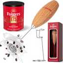 Folgers Electric Coffee Milk Frother  Handheld Battery-Operated Drink Mixer with Stainless Steel Whisk & Stand, Wood-Grain Finish, Perfect for Lattes, Cappuccinos & Hot Chocolate