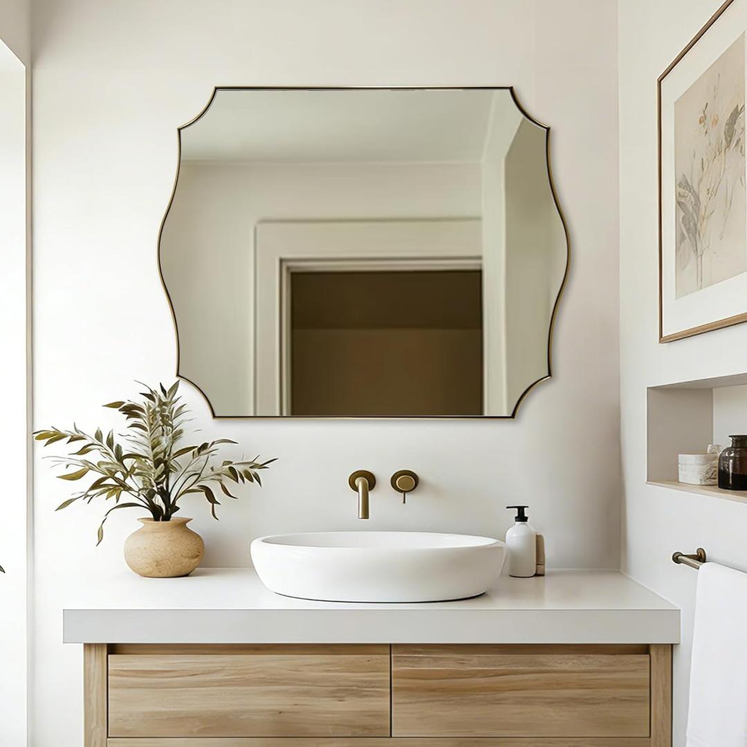 ANDY STAR 32"x40" Brushed Gold Bathroom Mirror, Scalloped Mirrors for Wall, Large Champagne Bronze Mirror with Elegant Curved Scallop Design, Anti-Rust Stainless Steel Thin Frame