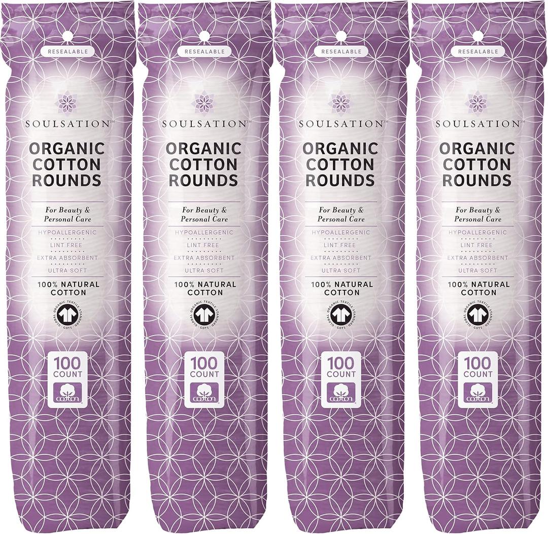 SoulSation Organic Cotton Rounds, 400 Count - Makeup Remover Pads for Face, Lint-Free