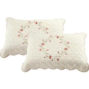 vctops 2-Piece Elegant Floral Embroidered Pillow Shams King Size 100% Cotton Quilted Decorative Pillow Shams Set (Cream,20"x36")