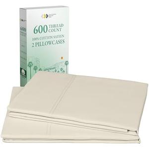 Luxuriously Soft Hotel Quality 600 Thread Count, 100% Cotton Set of 2 Cases, Crisp & Cool Pillowcases Queen Size Set of 2 Fits Standard & Queen Pillows (Creamy Beige)