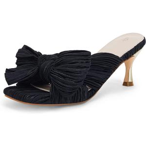 Coutgo Womens Bow Heeled Sandals Pleated Bowknot Heels Open Square Toe Cute Kitten Heel Mules Slip On Wedding Dress Shoes (5, Black)