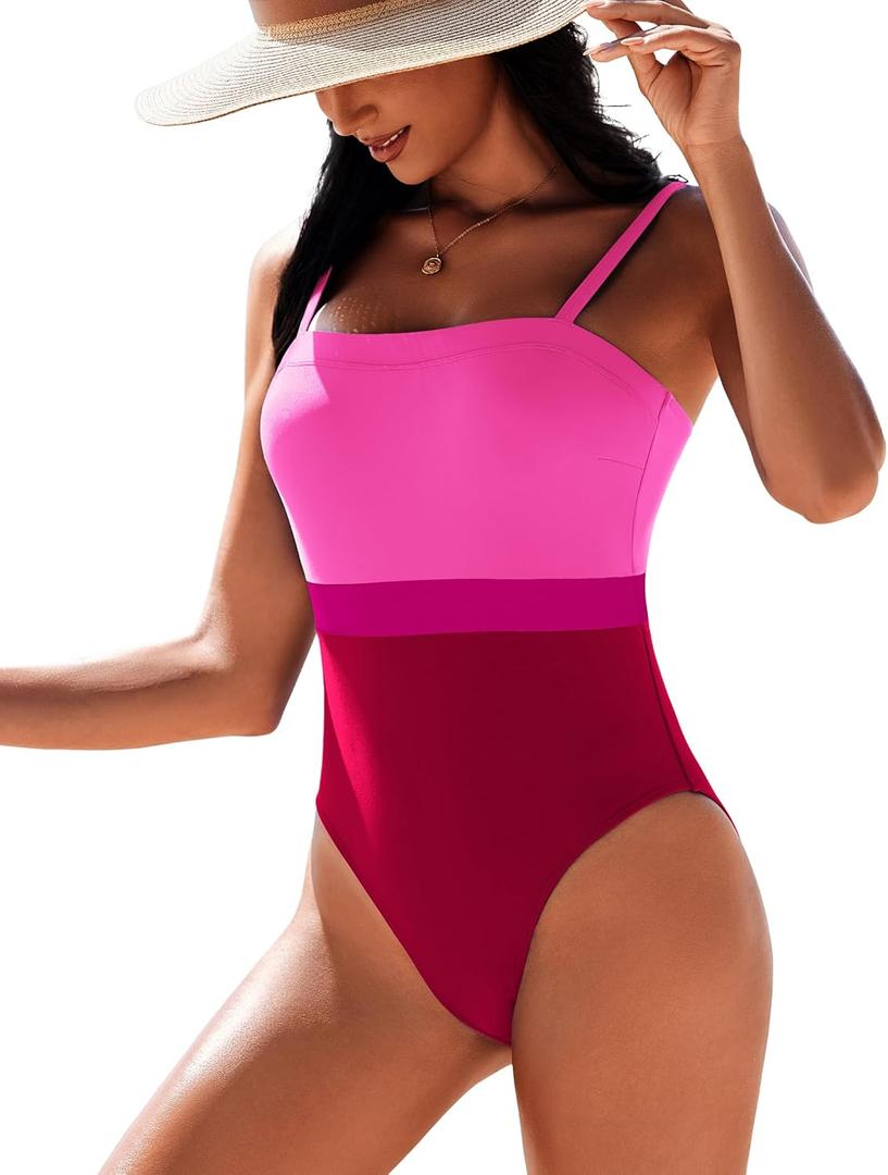 AI'MAGE Women's One Piece Swimsuit Color Block Bathing Suit Square Neck Swim Suits Vintage Retro Swimwear S-2XL, Pink Red 