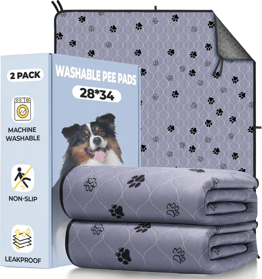 Fostanfly Washable Pee Pads for Dogs, 2 Pack 28''x34'' Large Ultra-Absorbent and Leak-Proof Non-Slip Reusable Potty Training Pads for Dogs, Puppy, Potty Buddy and Cats of Add 8 Lanyards (Gray)