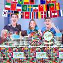 International World Flags Tableware Set, 142Pcs International Flags Decorations Plates and Napkins, Cups,Banner,Flags Tablecloth for Travel Trip Around the Globe Retirement Party