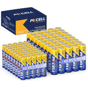 PKCELL AA Batteries & AAA Batteries, 40 Double A Batteries and 40 Triple A Batteries Combo Pack (80 Count), 1.5V High-Performance Carbon Battery