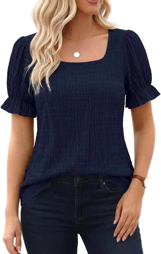 Womens Summer Tops Puff Short Sleeve Cute T Shirts Dressy Casual Square Neck Blouses Clothes (Blue, XL)