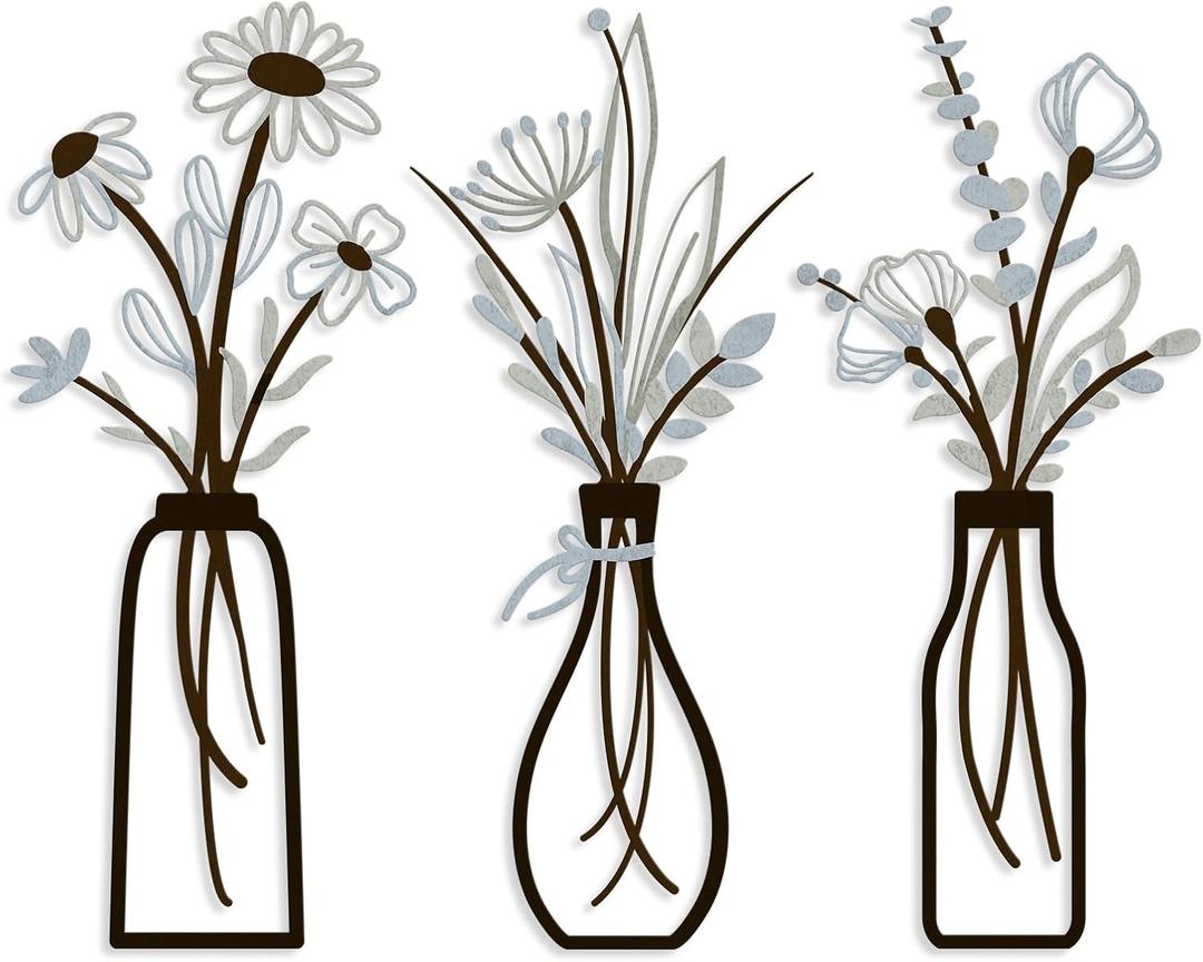 3 Pieces Metal Vase Flowers Wall Arts - Rustic Farmhouse Style Dcor Metal Wall Art Black Minimalist Flower Natural Themed Wall Decors for Home Bedroom Dining Room Housewarming (Brown-Blue, Vase-C)