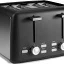 Amazon Basics 4 Slice Toaster, 7 Browning Settings, Extra Wide Slots for Bagels and Specialty Breads, Removable Crumb Tray, Cancel/Defrost/Bagel Buttons, 1500W, Black & Silver