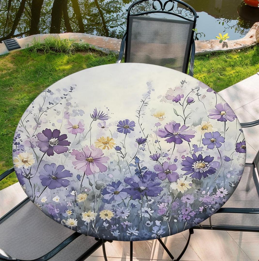Round Tablecloth with Elastic Edge, 36-60Inch Waterproof Table Cloth for Dinner, Outdoor, Picnic, 60inch, Purple Flower