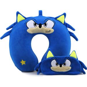 Superhero Travel Pillow for Kids & Adults with Sleep Eye Mask, Memory Foam U-Shaped Neck Pillow with Washable Cover, Soft Head Support Travel Accessories for Airplane Car Train Bus Recline, Royal Blue