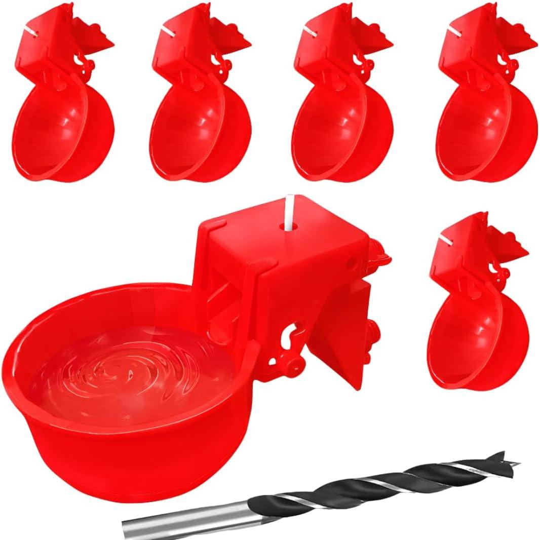 (6 Pack) Upgraded Large Detachable Automatic Chicken Waterer Cups,Reinforced Professional Poultry Waterer for Chickens,Ducks,Turkeys,Goose,with Drill Bits. (Red)