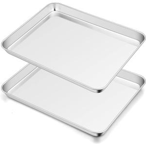 TeamFar Toaster Oven Pan Set of 2, Stainless Steel Toaster Oven Baking Tray Ovenware, 12.5x 9.5x1, Non Toxic & Healthy, Rust Free & Mirror Finish, Easy Clean & Dishwasher Safe