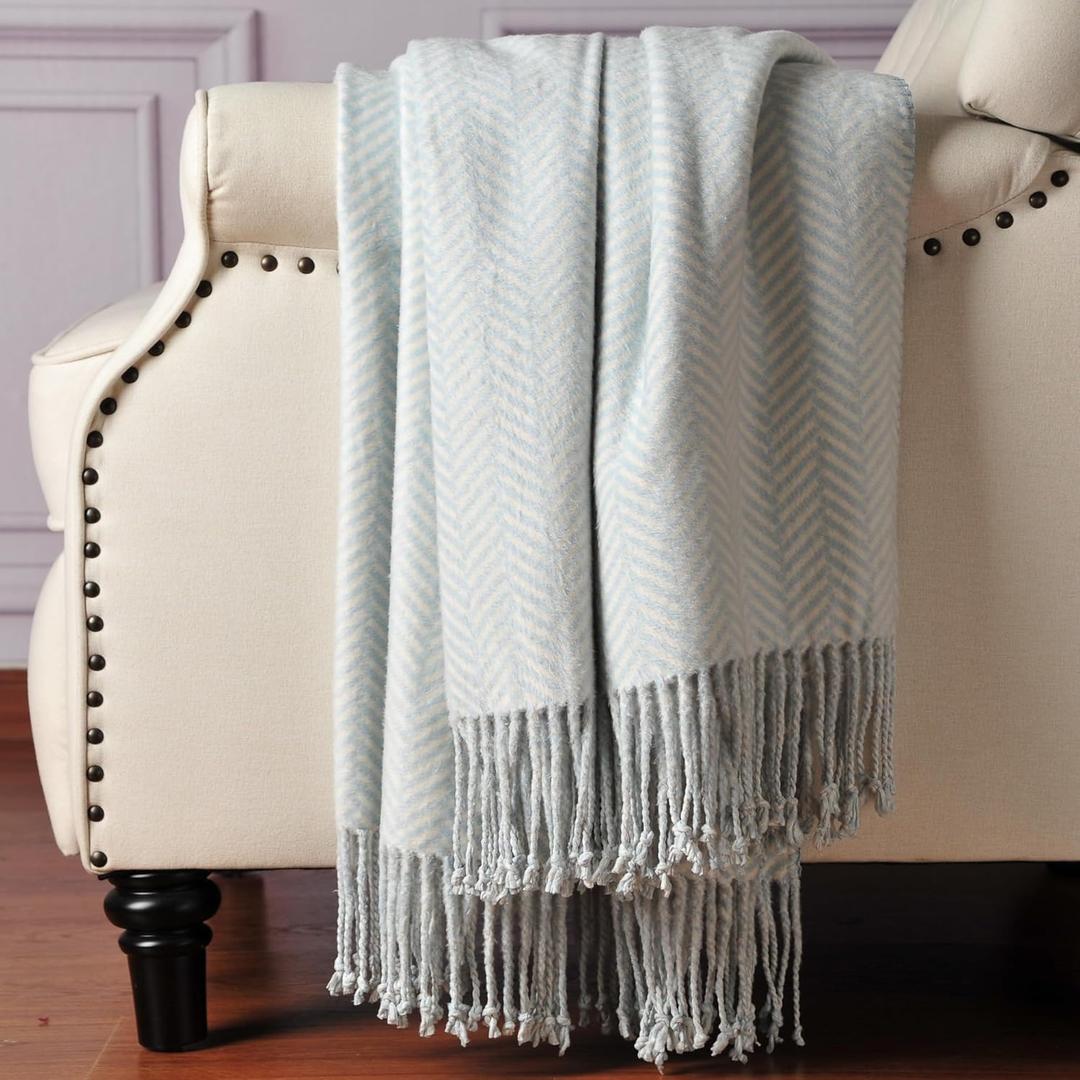 CUDDLE DREAMS Silk Throw Blanket with Hand-Knotted Fringe, Natural, Soft & Breathable (Herringbone Blue) 65x50