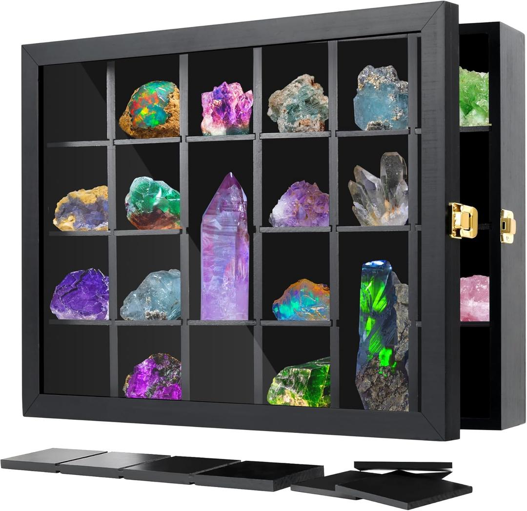 Adjustable Rock Display Case Wall Mounted, Crystal Collection Box with Shelves, Wooden Rock Collection Box for Kid and Collectibles
