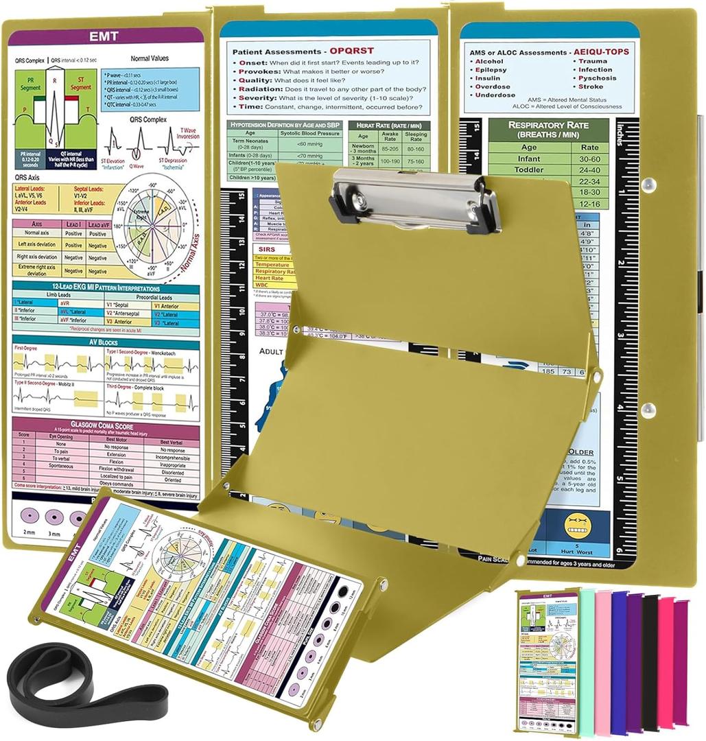 Nursing Clipboard EMT Edition 3 Layers Aluminum Foldable Nurse Clip Board Nursing Student Essentials Foldable Clipboard Nursing Trifold Nursing School Essentials (Gold)