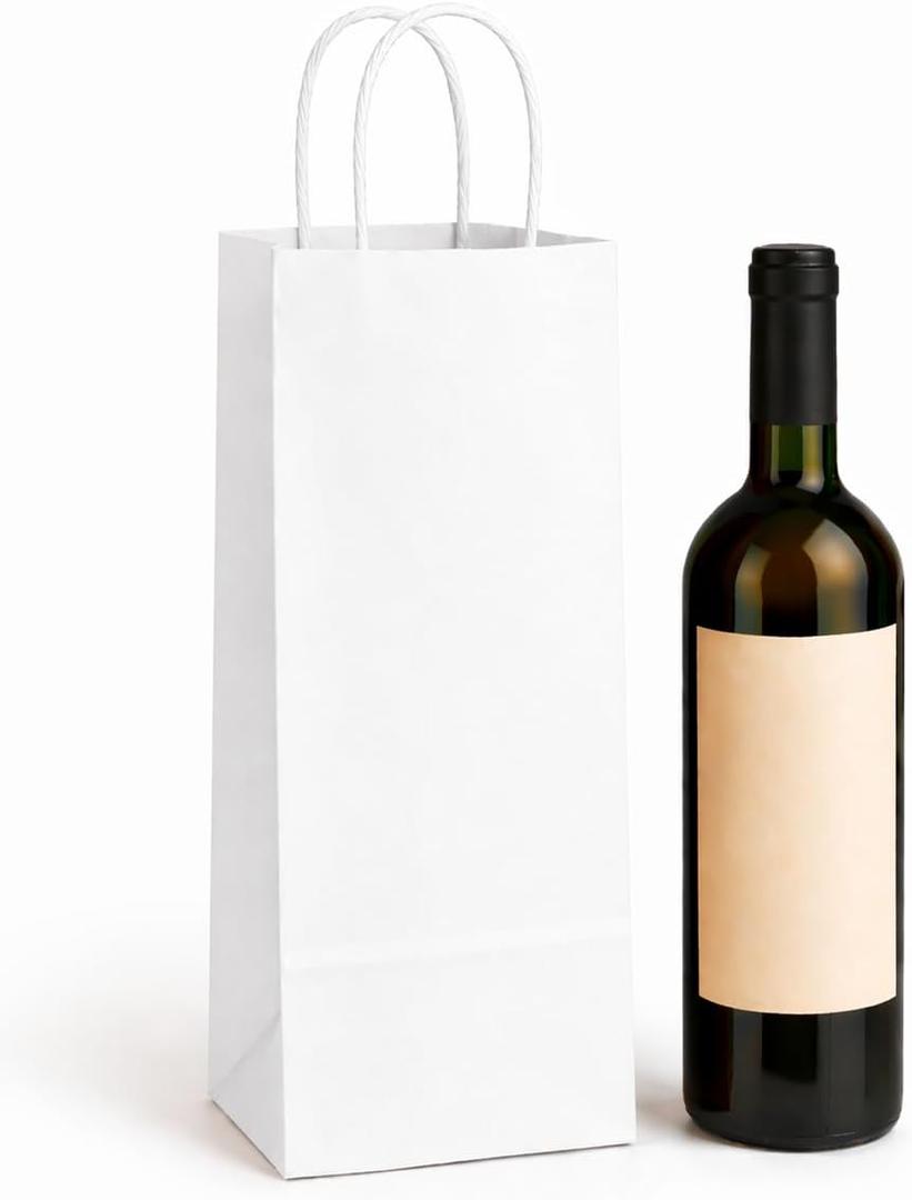 Kraft Wine Gift Bags with Handles 50 Pack Brown Paper Wine Bottle Bags, 5.25" x 3.25" x 13" (White Kraft)