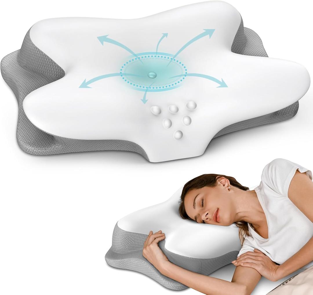 Cervical Neck Pillow for Pain Relief - Ergonomic Side Sleeper Pillow for Sleeping, Contour Orthopedic Pillow for Neck Support, Cooling Memory Foam Pillows for Back & Stomach Sleepers with Pillowcase (White)