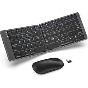 Foldable Keyboard and Mouse, EDJO Folding Wireless Keyboard Mouse Combo with Phone Holder, 2.4G Wireless and Bluetooth, USB-C Rechargeable Portable Combo for iOS Android Windows Mac OS