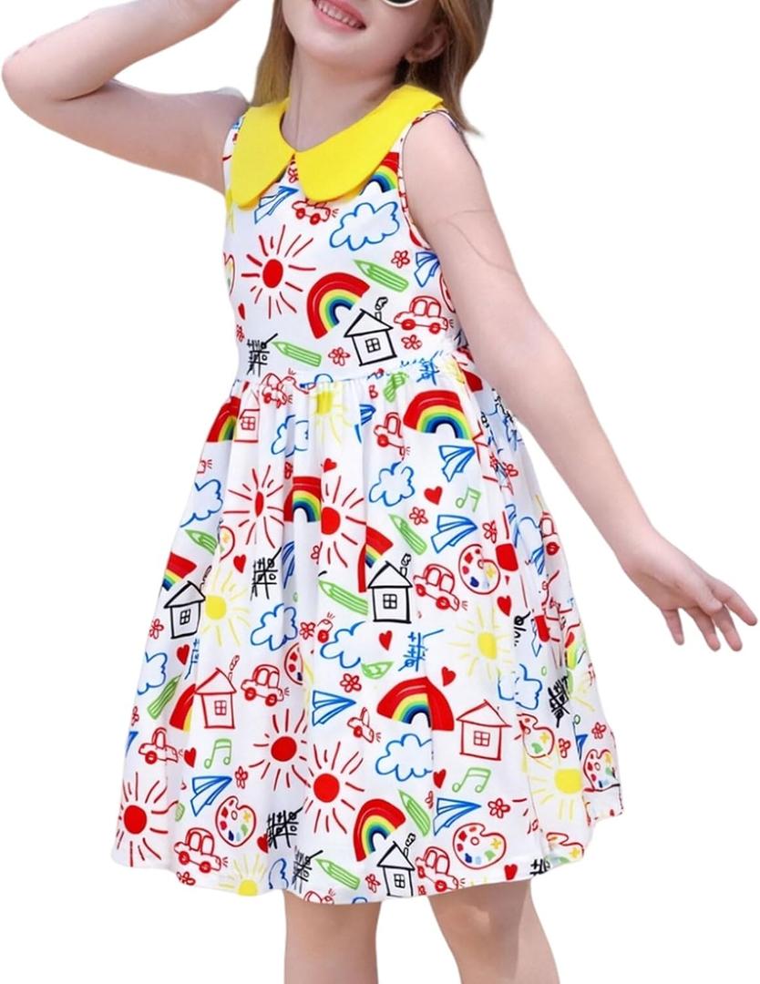 OBEEII Toddler Girls Back to School Dress Kindergarten First Day of School Outfit Sleeveless Pencil Print Ruffle Casual Dress (White)