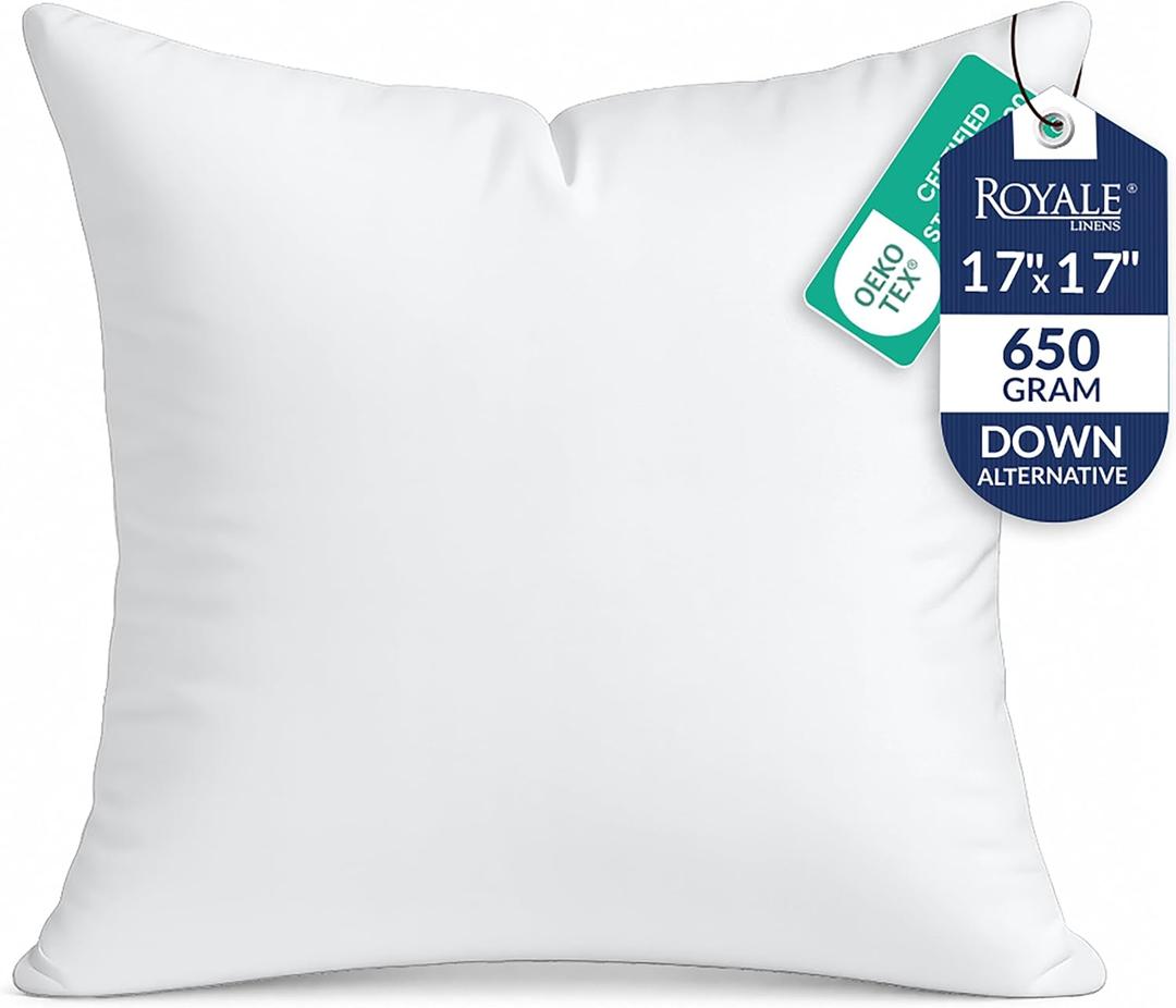 ROYALE LINENS 17 x 17 Pillow Insert - Down Alternative Throw Pillows Insert - Square Pillow Pack of 2 White - Bed & Couch Pillows - Inner Cushion for Bed, Cushion for Living Room - Shams Stuffer