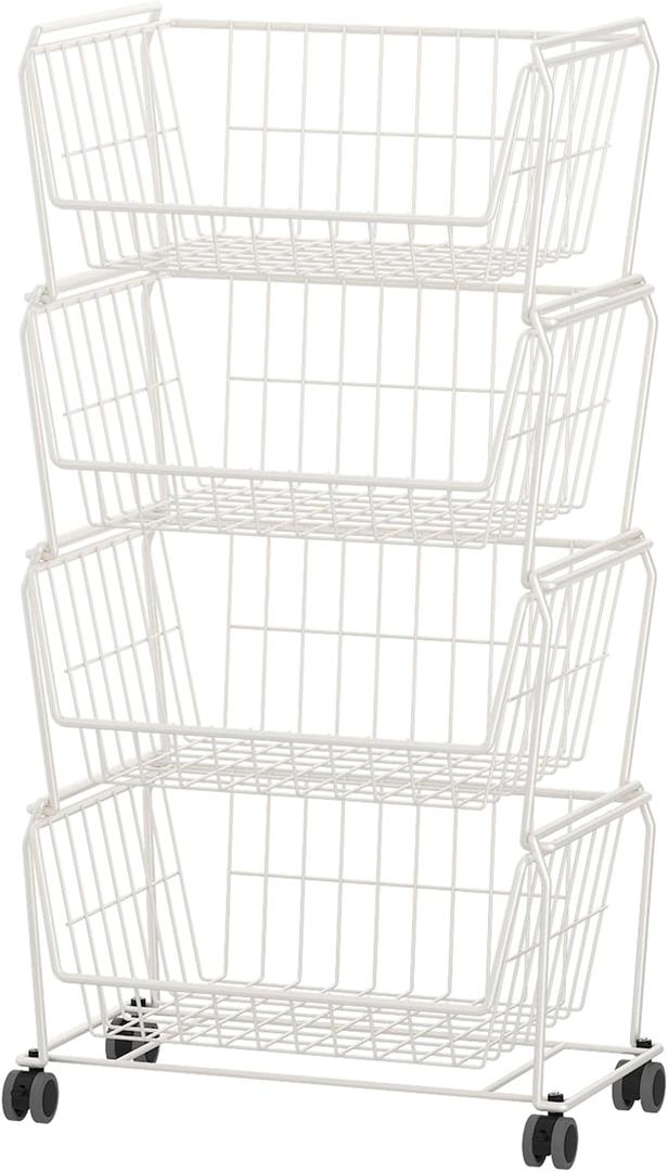 PUSDON Stackable Metal Storage Carts, Dual Use Shelf for Kitchen Fruit Vegetable Baskets with Wheels, Storage Rack for Living Room, Home & Office, Plus White 4 Tiers