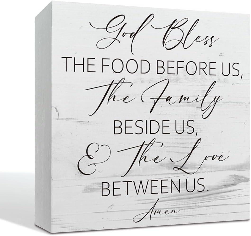 Christian Kitchen Decor, God Bless the Food Before Us Sign, White Wooden Box Sign, Bible Verse Home Decor, Farmhouse Wood Decors for Dining Room, Housewarming Gift for Christian