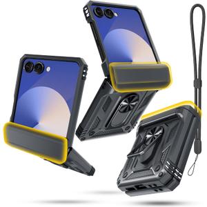 Janmitta Compatible with Samsung Galaxy Z Flip 7 Case+Hinge Protection+Ring Kickstand,Heavy Duty Full Body Phone Cover with Wrist Strap Lanyard,2025 Black