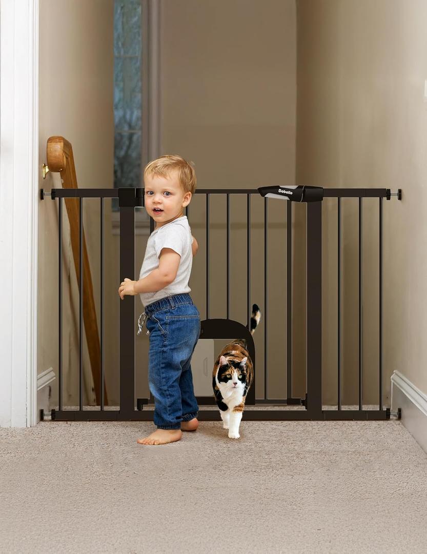 Babelio Upgraded Baby Gate with Cat Door, Auto Close Durable Dog Gate for Stairs, Doorways and House, Easy Walk Thru Safety Gate with Pet Door Includes 4 Wall Cups, 29-48" Wide, 30" Tall, Black
