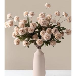 HyeFlora Fake Kiku Flowers, Faux Silk Pompon Mums Artificial Flowers, Chrysanthemum Stems Floral Arrangement Dried Flowers Vintage Decorative Indoor Home Decor Beige (Vase not Included)