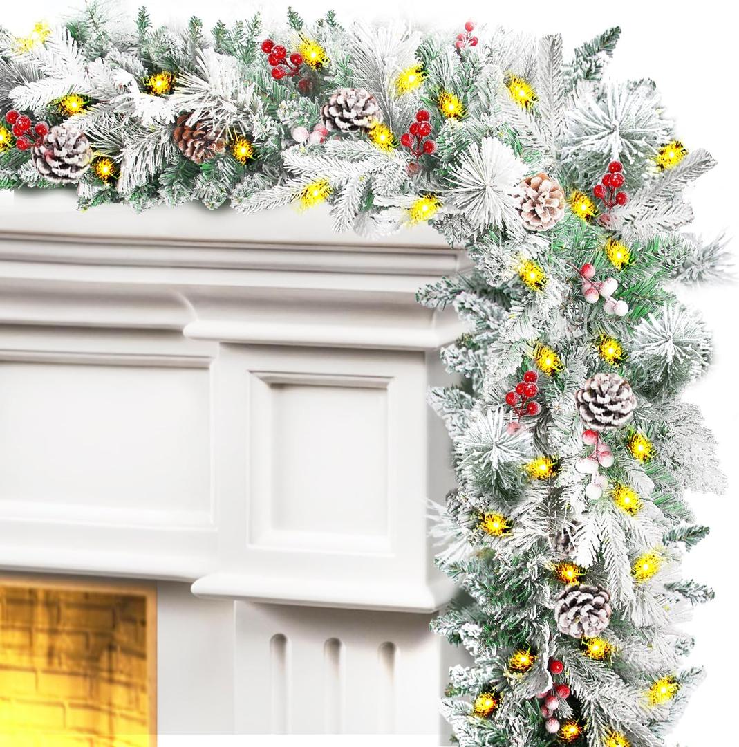 Christmas Garland 9 ft with Lights & Timer, Prelit Xmas Snowy Garland for Outdoor Christmas Decoration with Cypress Pine Cone Berries, Battery Operated Christmas Lights for Indoor, Party, Home Decor